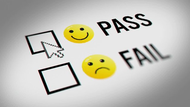 Pass and Fail Checkbox Marking Survey With Emoticon Icons. Mouse Cursor Checking Pass and Fail Option on White  Background.