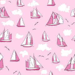 Seamless pattern with yachts, seagulls and clouds on pink background.
