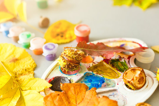 Children's creativity. Paint of autumn . Autumn decoration.