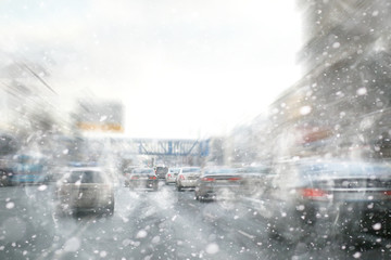 Traffic jam from cars in the city. Streets at rush hour.