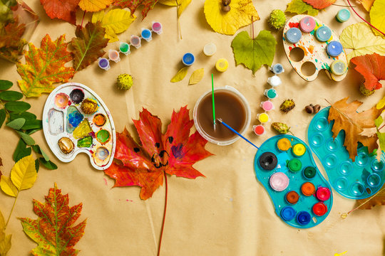 Children's creativity. Paint of autumn . Autumn decoration.