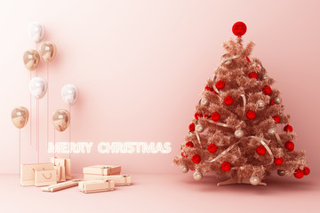 Christmas tree and pink gold Balloon with decorations and gift boxes for merry christmas. 3d rendering