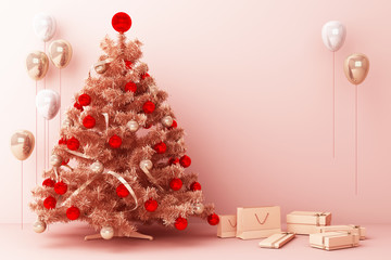 Christmas tree and pink gold Balloon with decorations and gift boxes for merry christmas. 3d rendering