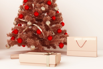 Christmas tree and pink gold Balloon with decorations and gift boxes for merry christmas. 3d rendering