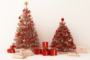 Christmas tree and pink gold Balloon with decorations and gift boxes for merry christmas. 3d rendering