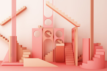 Geometric shape composition with stair and arch on pink background. 3d rendering