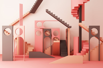 Geometric shape composition with stair and arch on pink background. 3d rendering