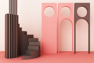 Geometric shape composition with stair and arch on pink background. 3d rendering