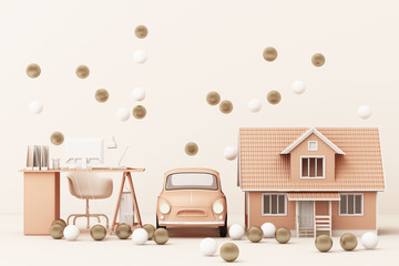 Thinking about home, car and work surrounding by many gold and white ball. 3d rendering