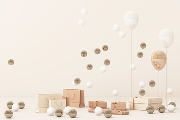 Pink shopping bag surrounding by a lot of giftboxs and balloons. 3d rendering