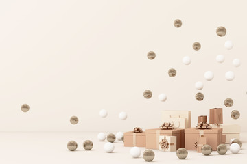 Pink  giftboxs  surrounding by a lot of gold and white ball. 3d rendering