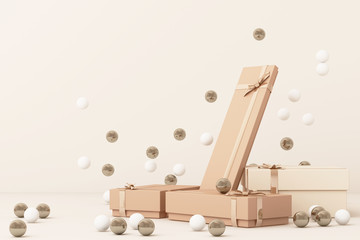 Pink  giftboxs  surrounding by a lot of gold and white ball. 3d rendering