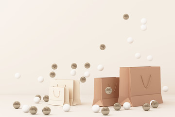 Pink shopping bag surrounding by a lot of gold and white ball. 3d rendering