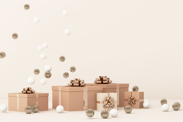 Pink  giftboxs  surrounding by a lot of gold and white ball. 3d rendering