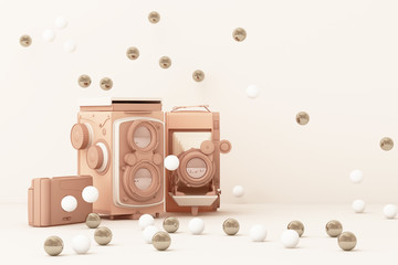 Pink vintage camera on a pink background.-3d render.