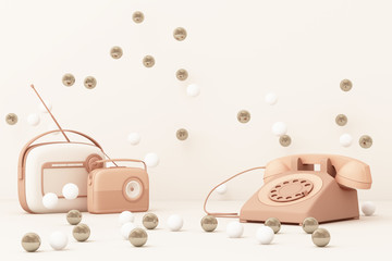 Old telephone and vintage radio player on a pink background. 3D rendering