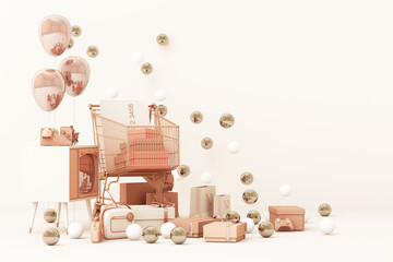 Supermarket shopping cart surrounding by giftbox with credit card and many gadget on pink background. 3d rendering