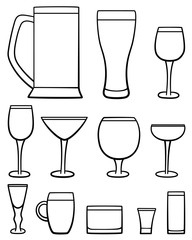 Set of twelve beverage glasses in lines
