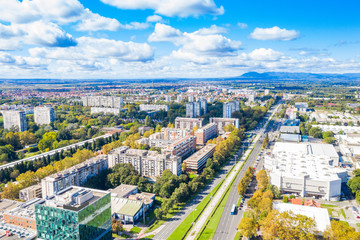 Zagreb, Croatia, aerial shot of Avenue Dubrovnik in Novi Zagreb neighbourhgood in autumn from drone