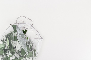 Useful aromatic herbs for brewing herbal tea in eco natural bags on light background.  Dried Young Leaves of blackcurrant in textile bag. Plastic free concept.