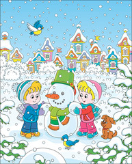 Smiling little kids making a funny snowman with a bucket and a scarf on a snow-covered playground of a winter park of a small town, vector illustration in a cartoon style