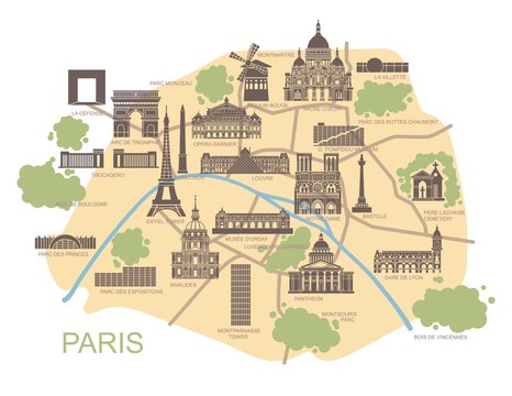 Stylized map of Paris with the main tourist attractions © Katsiaryna