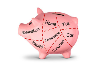 budget planning concept, piggy bank divided into parts