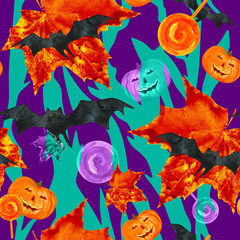 Happy Halloween night seamless print. pattern of pumpkins, jack-o-lantern, bat, autumn leaves and sweets on a purple background.