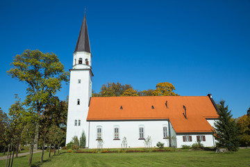 City Sigulda, Latvia Republic. Old church  and green park. 27. Sep. 2019