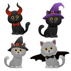 Set of cute cat in halloween costume party isolated on white vector