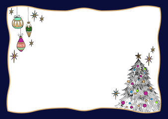 手描き画 クリスマス 紺色フレーム 横長