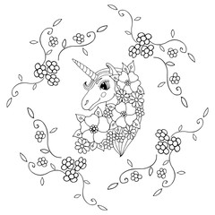 Black line Unicorn for coloring book or page