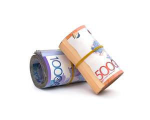 Rolls of tenge banknotes