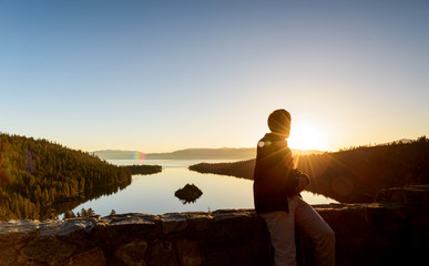 A tourist man bathing sunrise at Emerald Bay, Lake Tahoe, California