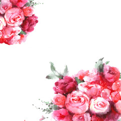 Pink Rose flowers corner background. Watercolor design template for invitations and poster