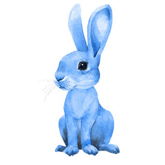 Watercolor blue rabbit illustration on white background