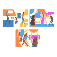 Collection of People Organizing Colorful Abstract Geometric Shapes, Men and Women Holding and Arranging Different Figures Vector Illustration