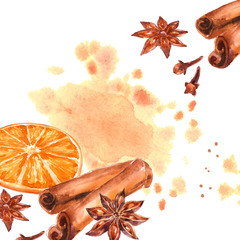 Winter spices set with anise, badian, dry orange citrus, cinnamon and allspice. Watercolor hand drawn illustration 