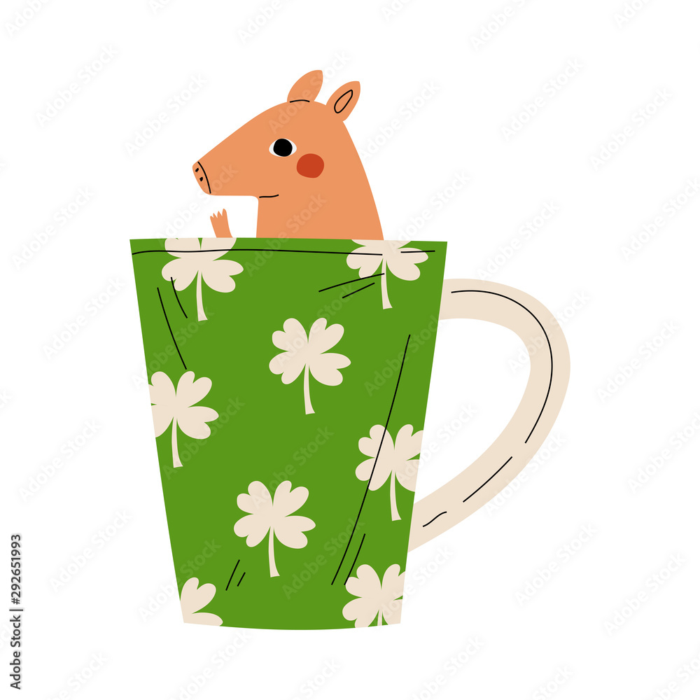 Wall mural Cute Piglet in Green Teacup, Adorable Little Pig Cartoon Animal Character Sitting in Coffee Mug Vector Illustration