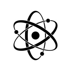 Black Atom vector icon. Symbol of science, education, nuclear physics, scientific research. Three electrons rotate in orbits around atomic nucleus. Concept of elementary particles design. - obrazy, fototapety, plakaty