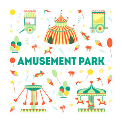 Amusement Park Banner Template with Carousels and Festive Park Attractions Vector Illustration