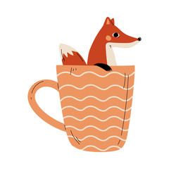 Cute Fox in Teacup, Adorable Little Cartoon Animal Character Sitting in Coffee Mug Vector Illustration