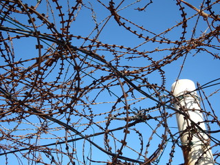 rusty old tangled barbed wire against blue sky