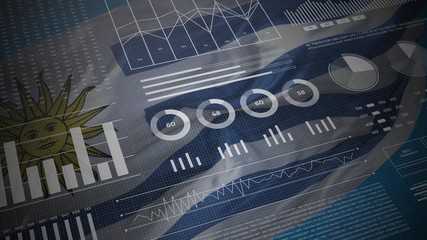 Uruguay. Statistics, infographics, financial market data, analysis and reports, numbers and graphs on Uruguayan waving flag 4K.  - Powered by Adobe