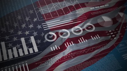 United States of America. Statistics, infographics, financial market data, analysis and reports, numbers and graphs on american USA waving flag 4K.  - Powered by Adobe