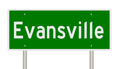 Rendering of a green road sign for Evansville
