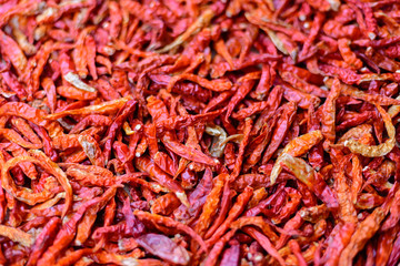 A close up shot of dried chillies Allow to dry before crushing for flavoring. The picture shows the surface of peppers, perfect for making a background image or adding a copy space.