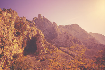 View of beautiful mountain landscape through the windscreen on a sunny day. National park Picos de Europa. Cantabria, Spain