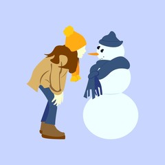 Girl and snowman icons of winter season