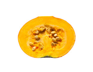 Half pumpkin with seeds isolated on white background